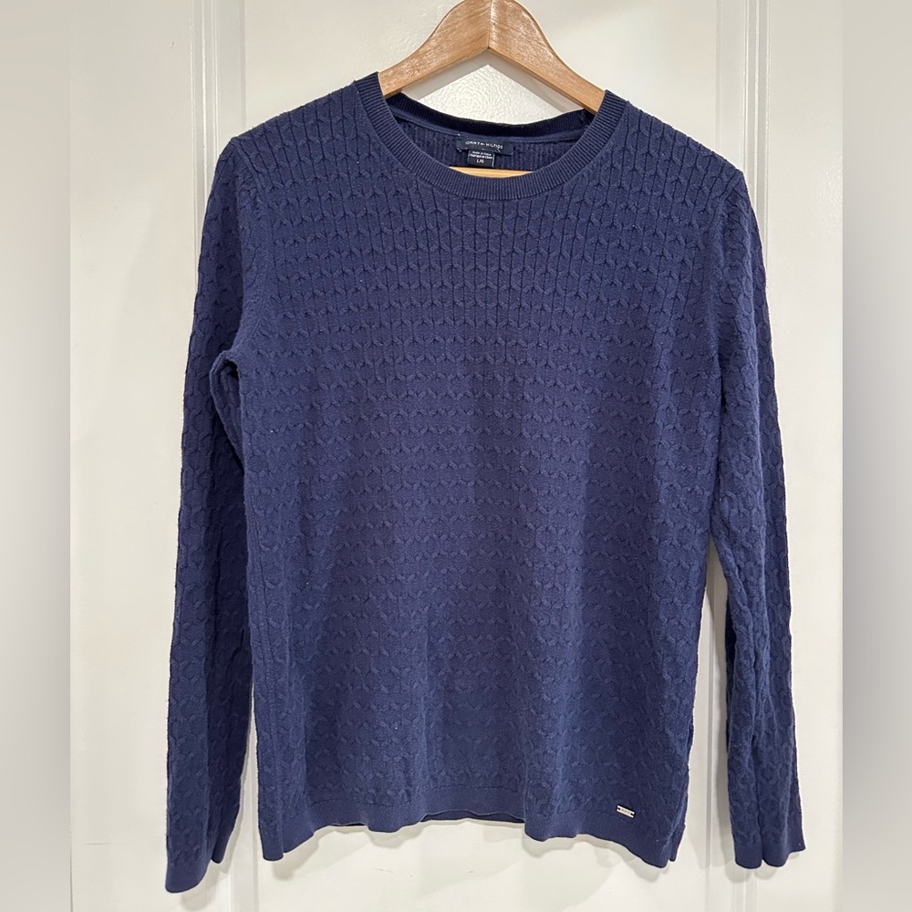 Tommy Hilfiger Textured Navy Cotton Crewneck Sweater